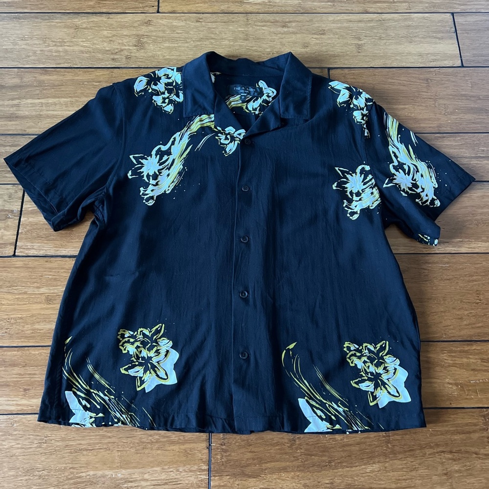 Rag & Bone Men’s L Avery Black and Green Olive Floral Casual Shirt